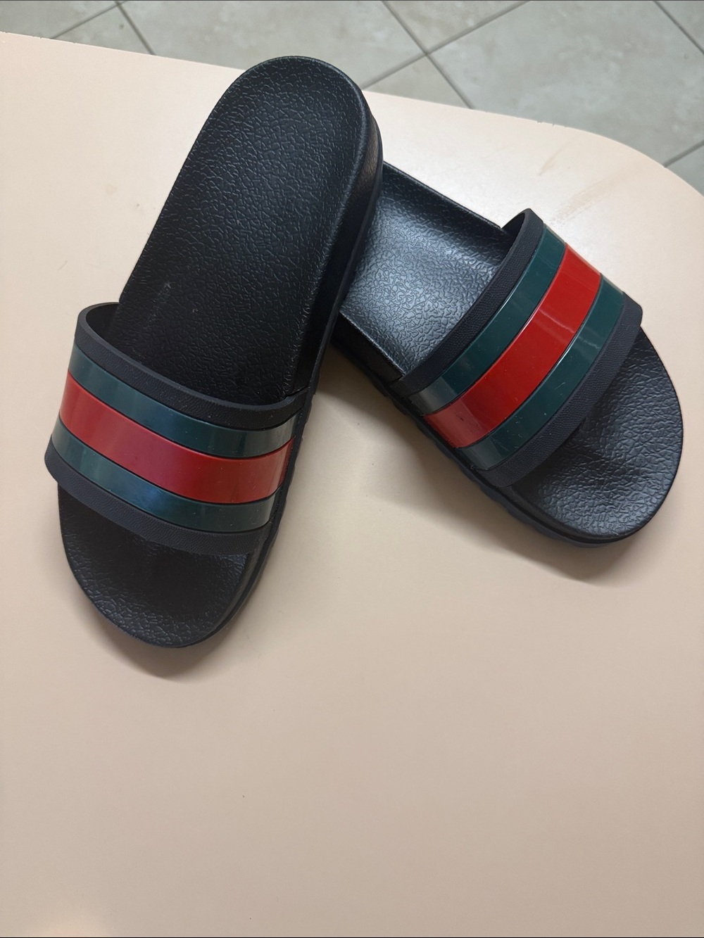 Gucci Black Slide Sandals with Red and Green Stripes